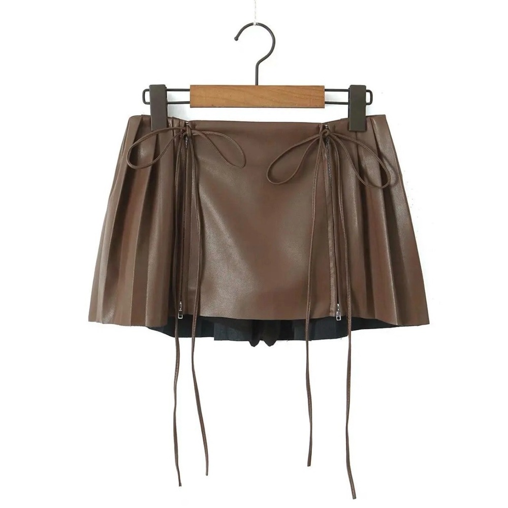 Linjia shop Brown Faux Leather Pleated Mini Skirt with Tie Details Sz M